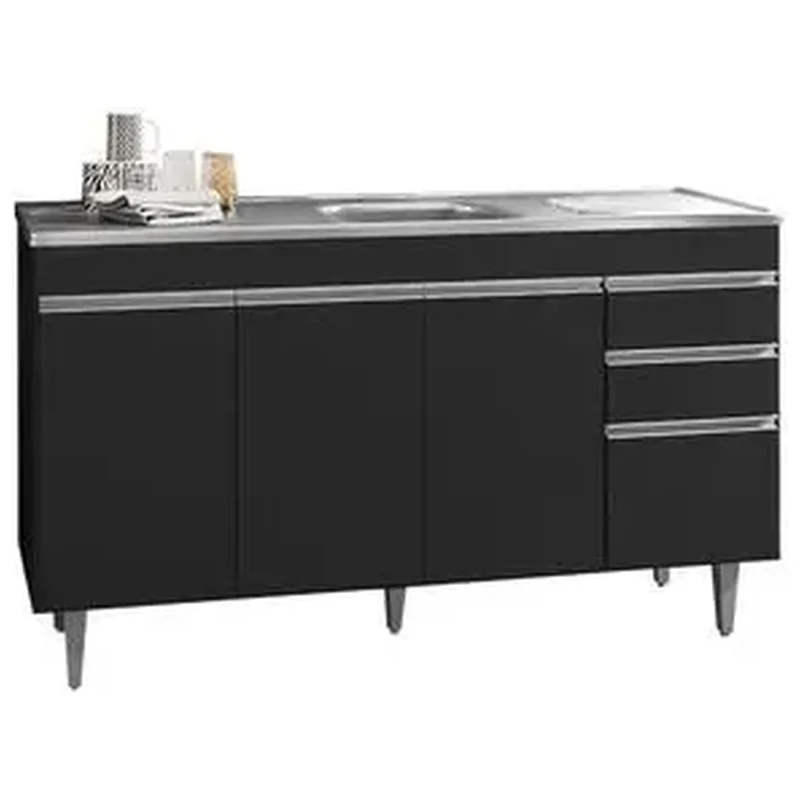 Balcão Gabinete Com Pia Inox 150cm 3 Portas Andréia Preto - Andreia